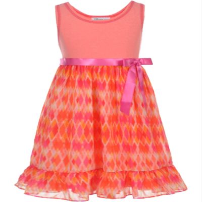 Bonnie Baby Little Girls 2T-6X Sleeveless Knit-n-Printed Chiffon Dress (4, Coral)
