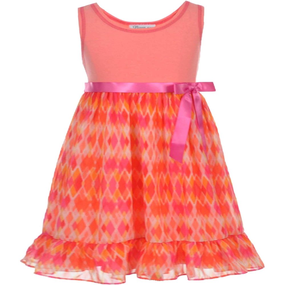 Bonnie Baby Little Girls 2T-6X Sleeveless Knit-n-Printed Chiffon Dress (4, Coral)