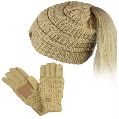 C.C BeanieTail Messy High Bun Cable Knit Beanie and Anti-Slip Touchscreen Gloves Set, Camel