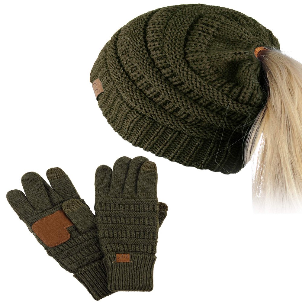 C.C BeanieTail Messy High Bun Cable Knit Beanie and Anti-Slip Touchscreen Gloves Set, Dark Olive
