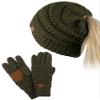 C.C BeanieTail Messy High Bun Cable Knit Beanie and Anti-Slip Touchscreen Gloves Set, Dark Olive