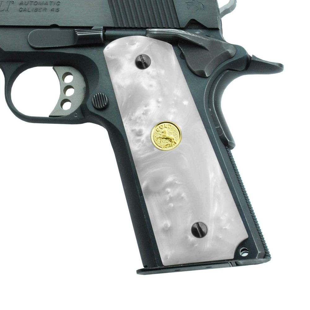 Altamont 1911 Grips - White Pearl - Full Size 1911 Grips w. Ambi Safety fits Most Commander, Standard & Government 1911 Models - Made in USA - White Pearl - Gold Medallion