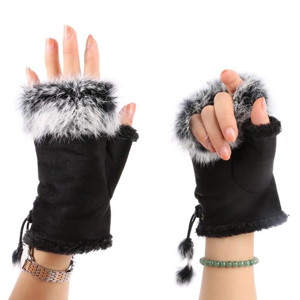 Suede Women Fingerless Gloves Warm Wrist Faux Fur Half Finger Driving Texting Winter Fuzzy Cold Weather Warmer Mitten