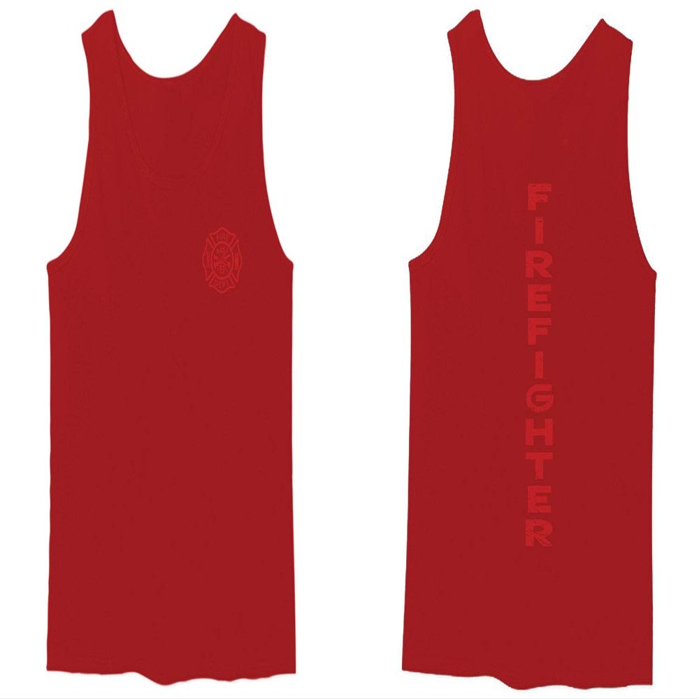 0121. America Patriotic Firefighter Support Seal Thin Red Line Fonts Fireman Men's Tank Top (Red, X-Large)