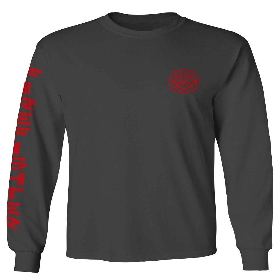0121. America Patriotic Firefighter Support Seal Thin Red Line Fonts Fireman Men's Long Sleeve t Shirt (Characol, 2X Large)