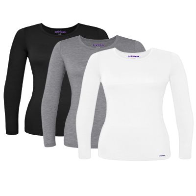 Sivvan Scrubs for Women - Long Sleeve Comfort Underscrub Tee 3-Pack - S85003 - Black/Dark Marl Grey/White - XS