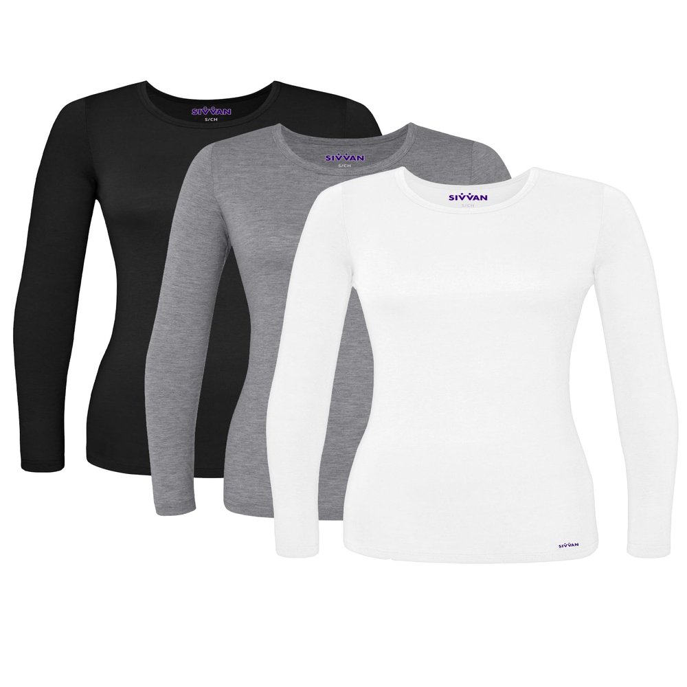 Sivvan Scrubs for Women - Long Sleeve Comfort Underscrub Tee 3-Pack - S85003 - Black/Dark Marl Grey/White - XS