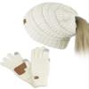 C.C BeanieTail Messy High Bun Cable Knit Beanie and Anti-Slip Touchscreen Gloves Set, Ivory view 1