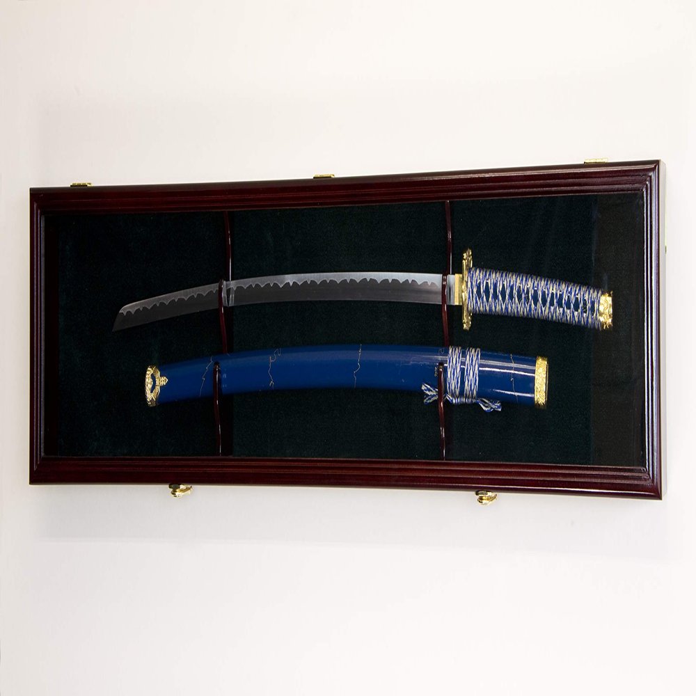 sfDisplay.com,LLC. Single Sword & Scabbard Display Case Cabinet Wall Rack Custom Colors - Lockable (Cherry Finish, Green Felt Background)