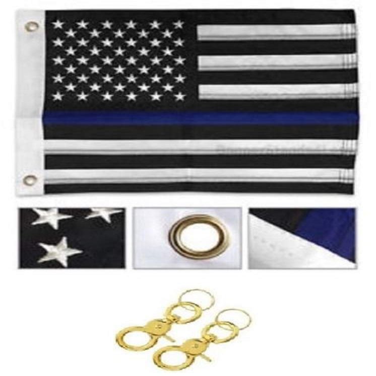 AES 12x18 Embroidered Nylon Sewn USA Police Thin Blue Line Memorial Car Boat Flag w/Clips