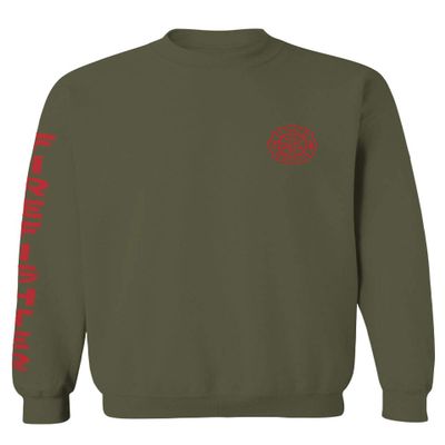 0121. America Patriotic Firefighter Support Seal Thin Red Line Fonts Fireman Men's Crewneck Sweatshirt (Olive Large)