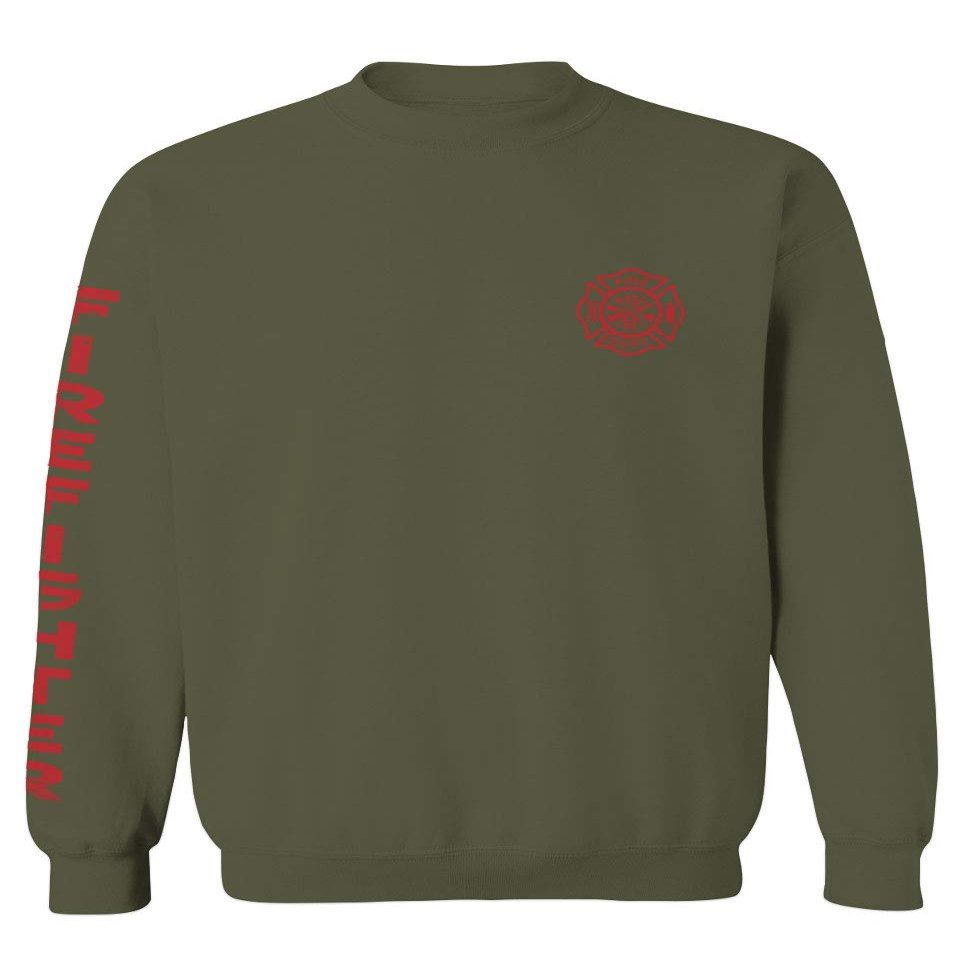 0121. America Patriotic Firefighter Support Seal Thin Red Line Fonts Fireman Men's Crewneck Sweatshirt (Olive Large)