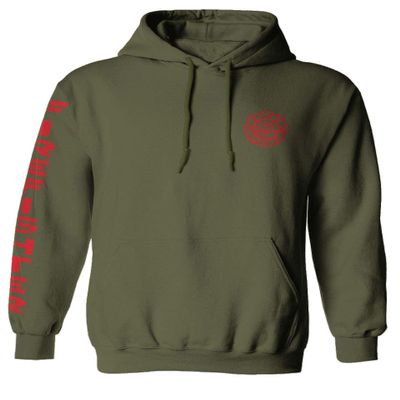 0121. America Patriotic Firefighter Support Seal Thin Red Line Fonts Fireman Sweatshirt Pullover Hoodie (Olive, Small)
