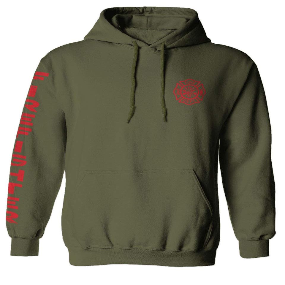 0121. America Patriotic Firefighter Support Seal Thin Red Line Fonts Fireman Sweatshirt Pullover Hoodie (Olive, Small)