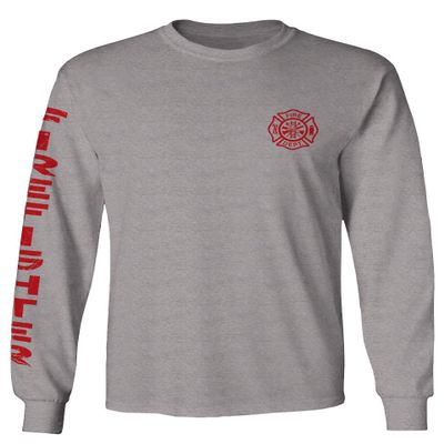 0121. America Patriotic Firefighter Support Seal Thin Red Line Fonts Fireman Men's Long Sleeve t Shirt (Light Gray Medium)
