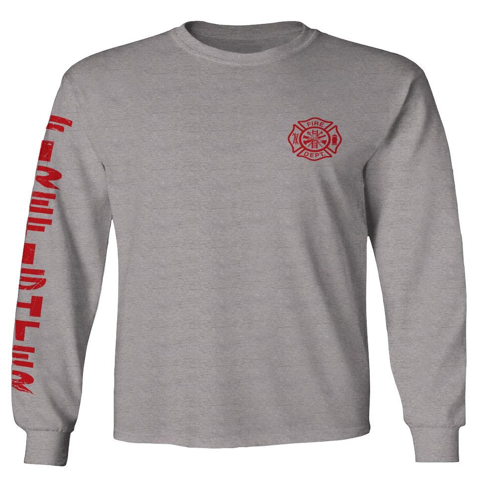 0121. America Patriotic Firefighter Support Seal Thin Red Line Fonts Fireman Men's Long Sleeve t Shirt (Light Gray Medium)