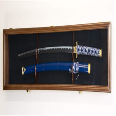 sfDisplay.com,LLC. Single Sword & Scabbard Display Case Cabinet Wall Rack Custom Colors - Lockable (Walnut Finish w/LED, Green Felt Background)