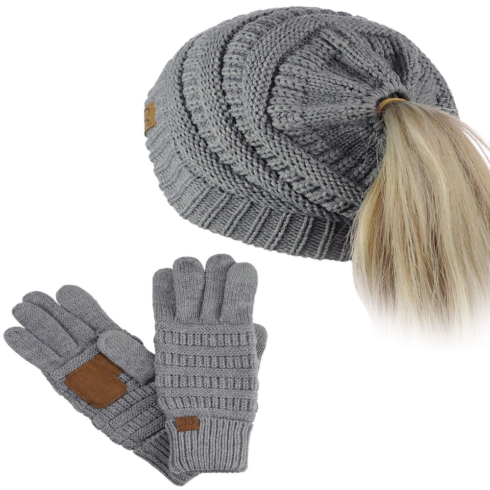 C.C BeanieTail Messy High Bun Cable Knit Beanie and Anti-Slip Touchscreen Gloves Set, Light Melange Gray