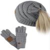 C.C BeanieTail Messy High Bun Cable Knit Beanie and Anti-Slip Touchscreen Gloves Set, Light Melange Gray
