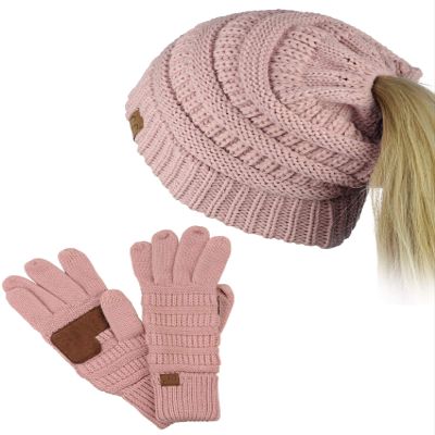 C.C BeanieTail Messy High Bun Cable Knit Beanie and Anti-Slip Touchscreen Gloves Set, Rose