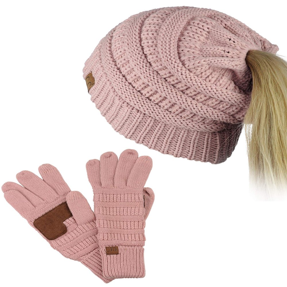 C.C BeanieTail Messy High Bun Cable Knit Beanie and Anti-Slip Touchscreen Gloves Set, Rose