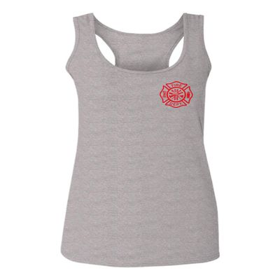 0121. America Patriotic Firefighter Support Seal Thin Red Line Fonts Fireman Women's Tank Top Racerback (Light Gray Small)