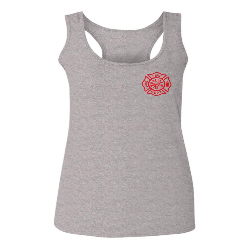 0121. America Patriotic Firefighter Support Seal Thin Red Line Fonts Fireman Women's Tank Top Racerback (Light Gray Small)