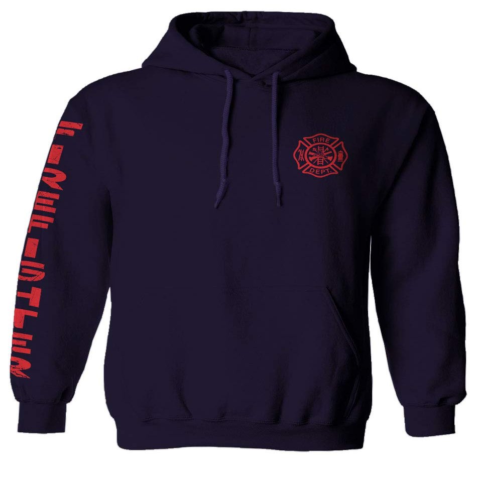 0121. America Patriotic Firefighter Support Seal Thin Red Line Fonts Fireman Sweatshirt Pullover Hoodie (Navy, Large)