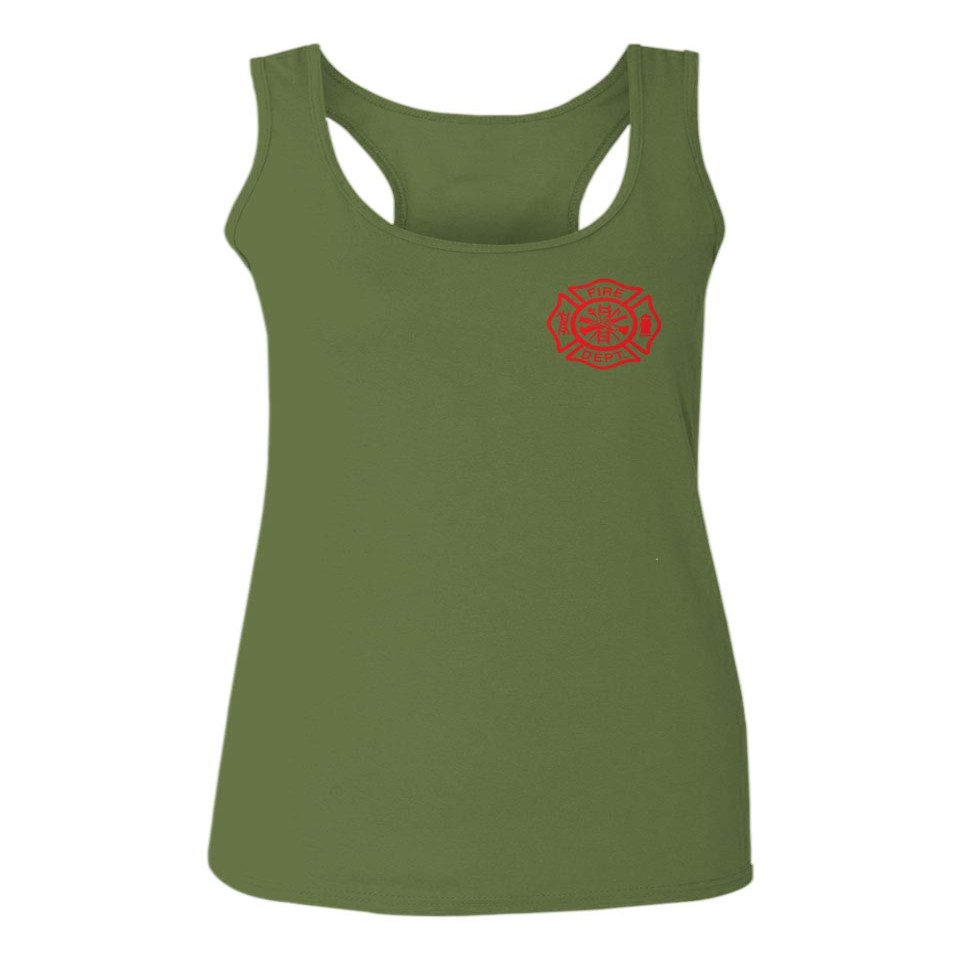 0121. America Patriotic Firefighter Support Seal Thin Red Line Fonts Fireman Women's Tank Top Racerback (Olive, Small)