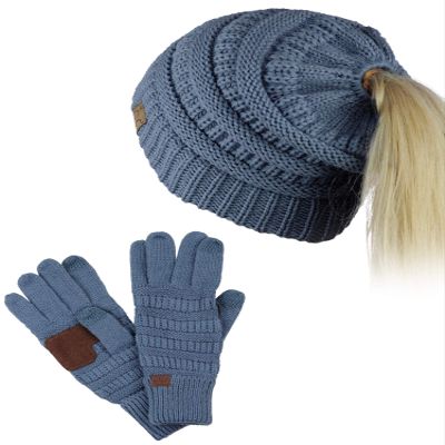 C.C BeanieTail Messy High Bun Cable Knit Beanie and Anti-Slip Touchscreen Gloves Set, Dark Denim