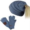 C.C BeanieTail Messy High Bun Cable Knit Beanie and Anti-Slip Touchscreen Gloves Set, Dark Denim