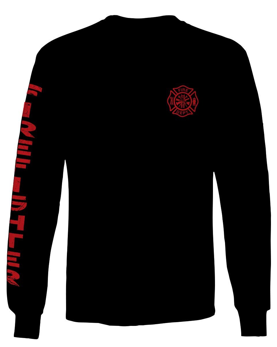 0121. America Patriotic Firefighter Support Seal Thin Red Line Fonts Fireman Men's Long Sleeve t Shirt (Black, Large)
