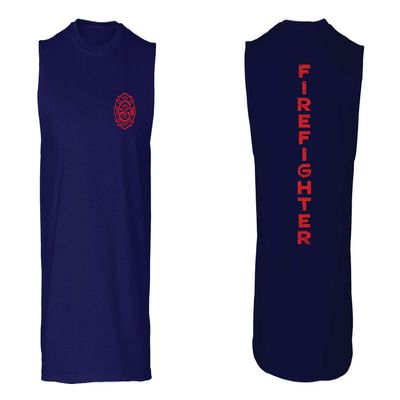 0121. America Patriotic Firefighter Support Seal Thin Red Line Fonts Fireman Men's Muscle Tank Sleeveles t Shirt (Navy X Large)