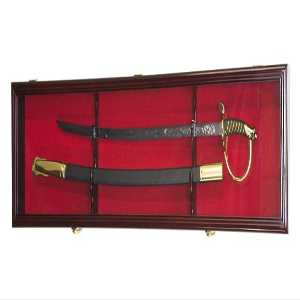 sfDisplay.com,LLC. Single Sword & Scabbard Display Case Cabinet Wall Rack Custom Colors - Lockable (Cherry Finish w/LED, Red Felt Background)