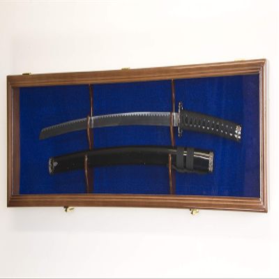 sfDisplay.com,LLC. Single Sword & Scabbard Display Case Cabinet Wall Rack Custom Colors - Lockable (Walnut Finish, Blue Felt Background)