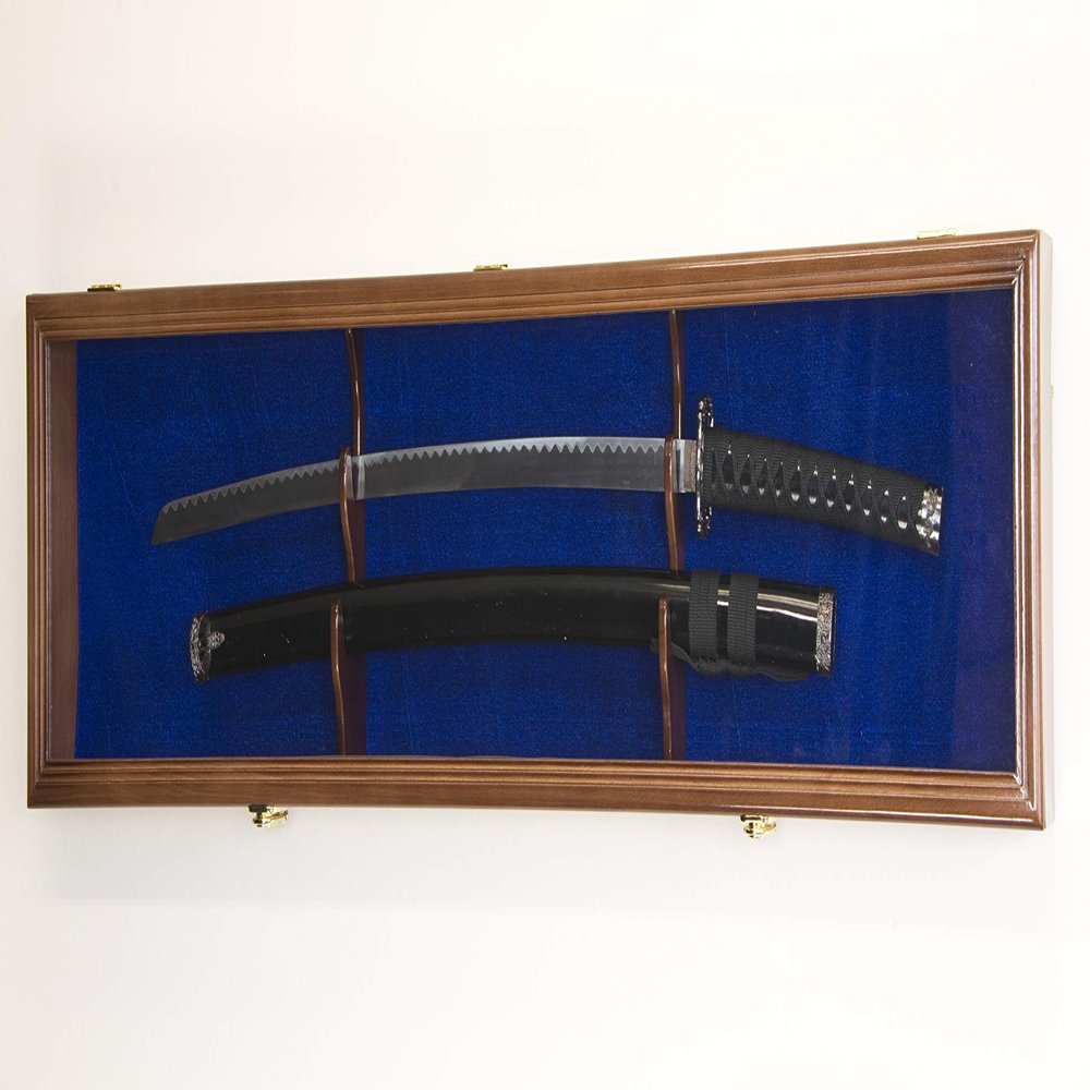 sfDisplay.com,LLC. Single Sword & Scabbard Display Case Cabinet Wall Rack Custom Colors - Lockable (Walnut Finish, Blue Felt Background)