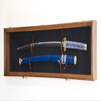 sfDisplay.com,LLC. Single Sword & Scabbard Display Case Cabinet Wall Rack Custom Colors - Lockable (Walnut Finish w/LED, Black Felt Background)
