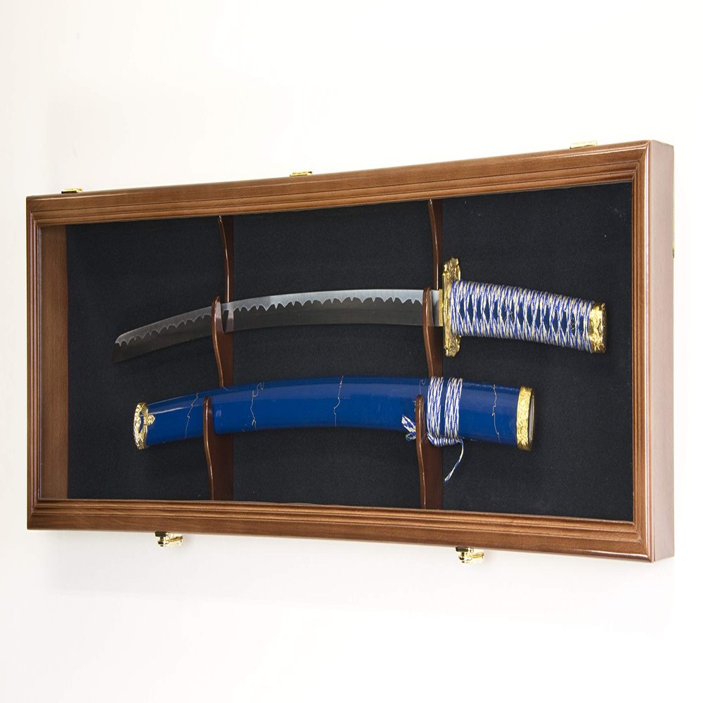 sfDisplay.com,LLC. Single Sword & Scabbard Display Case Cabinet Wall Rack Custom Colors - Lockable (Walnut Finish w/LED, Black Felt Background)
