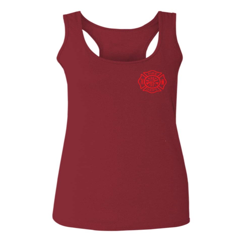 0121. America Patriotic Firefighter Support Seal Thin Red Line Fonts Fireman Women's Tank Top Racerback (Maroon, Small)