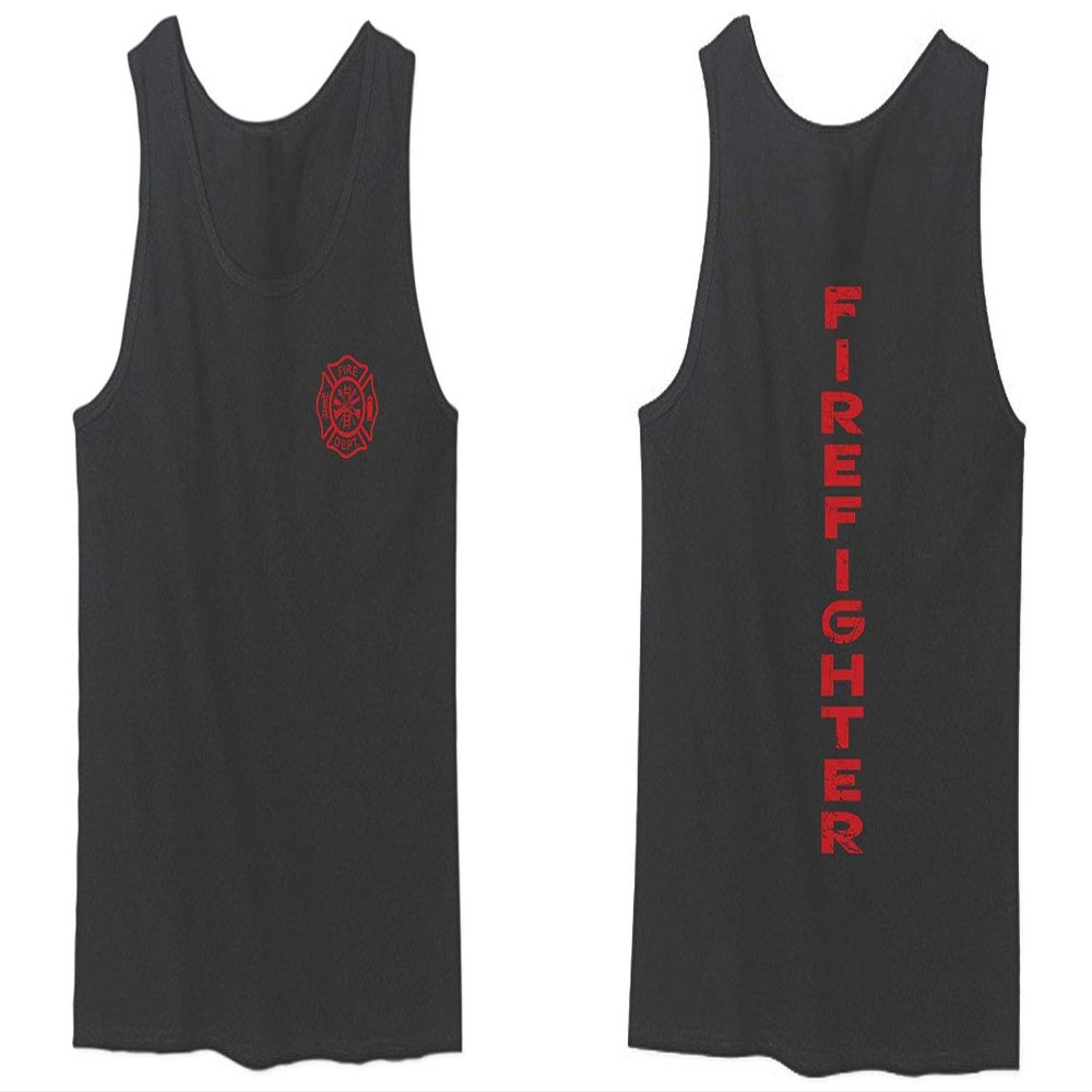 0121. America Patriotic Firefighter Support Seal Thin Red Line Fonts Fireman Men's Tank Top (Charcoal, Small)