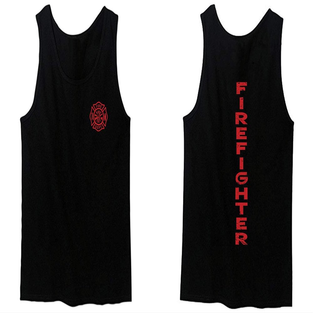 0121. America Patriotic Firefighter Support Seal Thin Red Line Fonts Fireman Men's Tank Top (Black, Small)