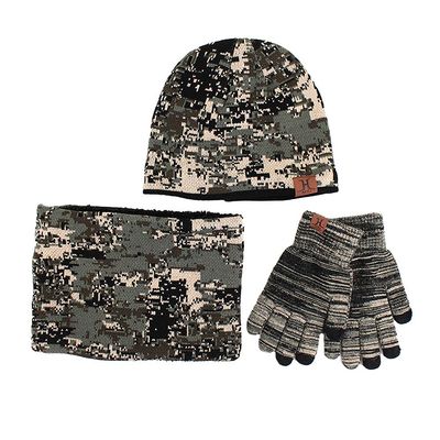 Van Caro Winter Knit Camouflage Beanie Hat Neck Warmer Scarf and Touch Screen Gloves Set 3Pcs Warm Set for Men Women,Black-grey