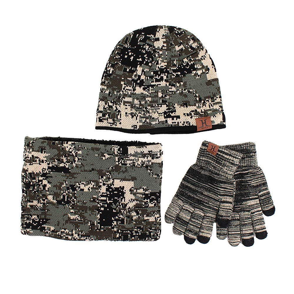 Van Caro Winter Knit Camouflage Beanie Hat Neck Warmer Scarf and Touch Screen Gloves Set 3Pcs Warm Set for Men Women,Black-grey