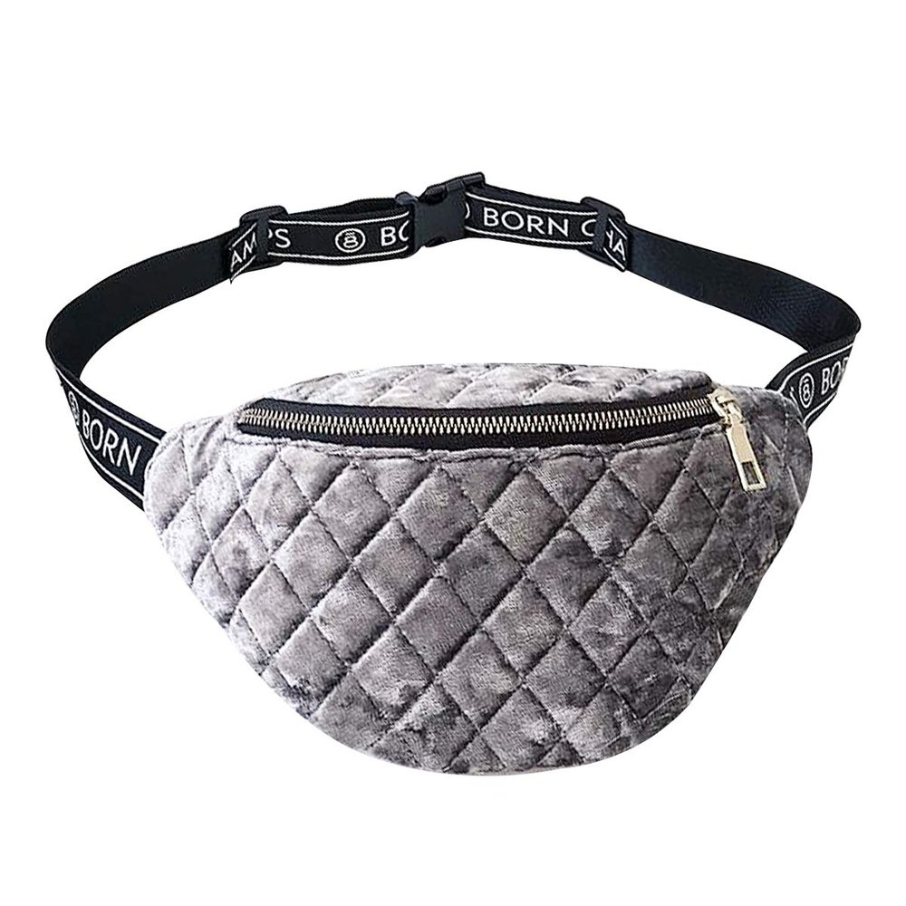 Buddy Women Velvet Lattice Waist Bag Soft Fanny Pack Bum Bag Retro Chest Pack Phone Purse Grey