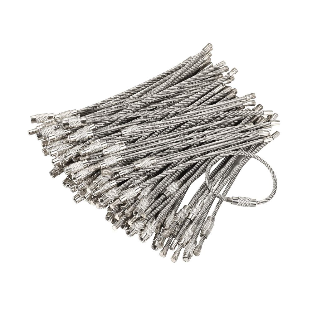 bayite Pack (100) Stainless Steel Wire Keychains Cable, Key Chain Rings, Heavy Duty Luggage Tags Loops Tag Keepers 2mm Twist Barrel (Cable Length: 4 inches)
