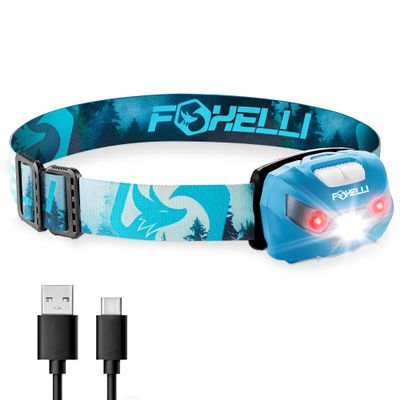 Foxelli USB-C Rechargeable LED Headlamp  Super Bright, Lightweight Head Lamp for Running, Camping, Hiking & Work  Comfortable Fit for Adults & Kids