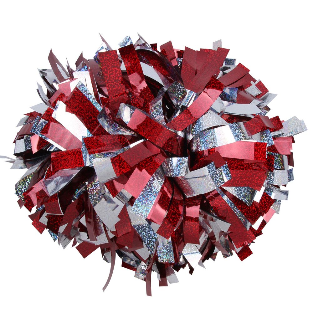 ICOCHEER Cheerleading Pom Poms Metalic Holographic Cheerleader 6 inch 1 Pair 2 Pieces (Red/Silver)