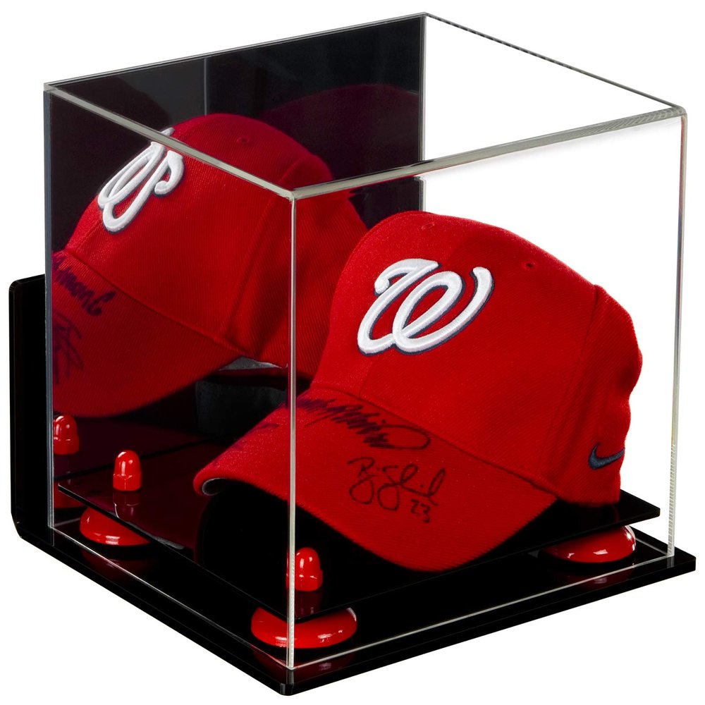 Better Display Cases Acrylic Baseball Cap Display Case Mirror, Wall Mount and Red Risers (A006-RR)