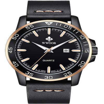 New Top Fashion Analog Men Watch Luxury Black Leather Watches Date Quartz Watch Male Sport Wrist Watch (Gold)