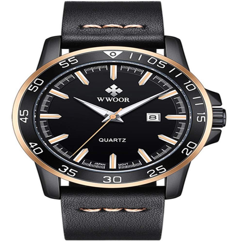 New Top Fashion Analog Men Watch Luxury Black Leather Watches Date Quartz Watch Male Sport Wrist Watch (Gold)